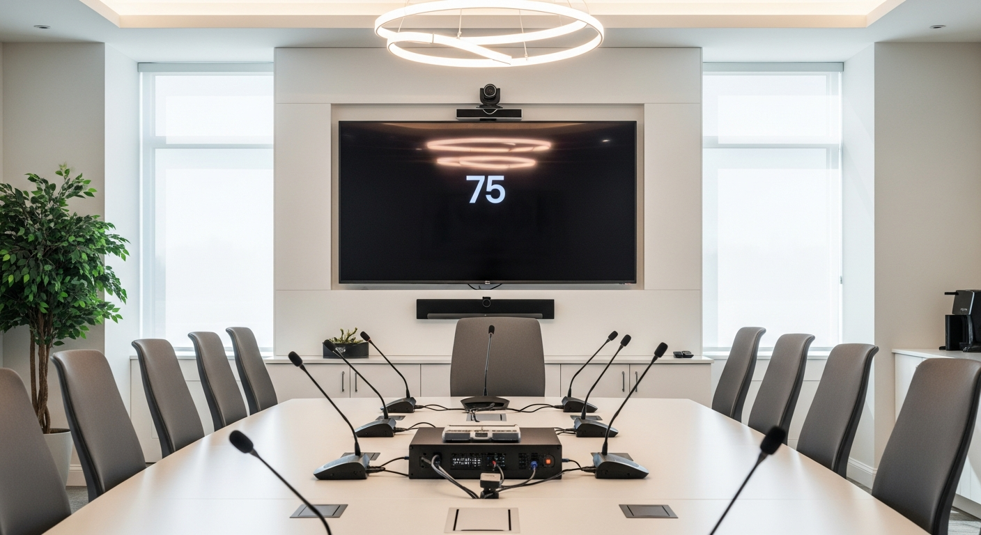 Professional conference room with video conferencing display and AV equipment